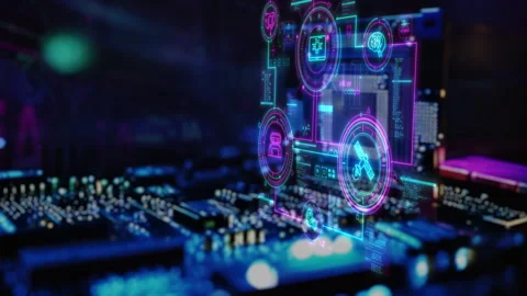 Controlling systems using a microprocessor, infographics in 3D space. Vídeo Stock 273725240