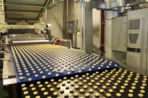 Controlling the work of huge conveyor machine producing spice cakes at the co Stock Photos