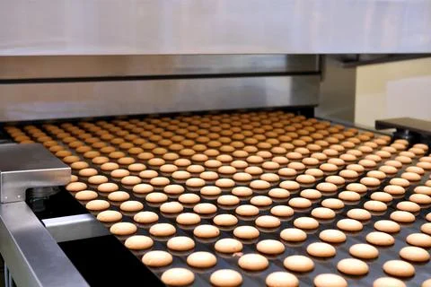 Controlling the work of huge conveyor machine producing spice cakes at the co Foto stock