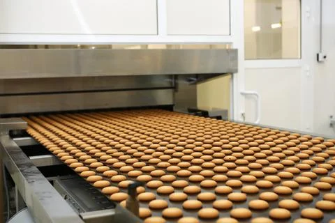 Controlling the work of huge conveyor machine producing spice cakes at the co Stock Photos