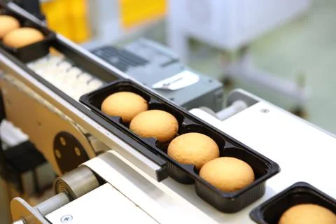 Controlling the work of huge conveyor machine producing spice cakes at the co Stock Photos