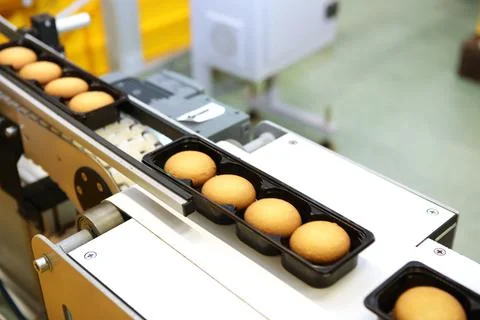 Controlling the work of huge conveyor machine producing spice cakes at the co Stock Photos