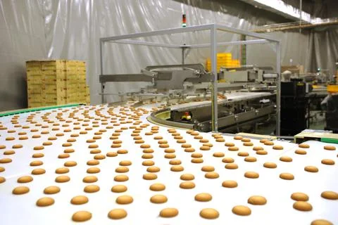 Controlling the work of huge conveyor machine producing spice cakes at the co Stock Photos
