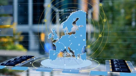On controls activation holographic 3D map Europe rising, rings expanding, lines Stock Footage 337904961