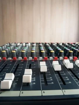 Controls on audio mixer console Stock Photos