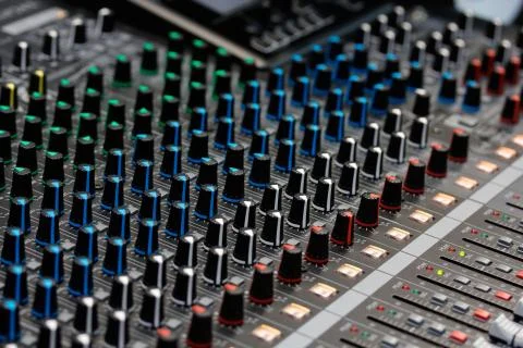 Controls of sound mixing console Stock Photos