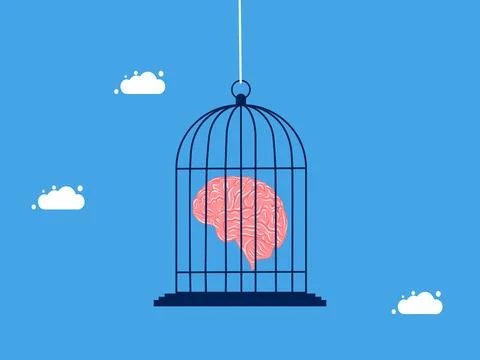 Controls thoughts in the human brain. Brain imprisoned in a bird cage Illustrazione stock