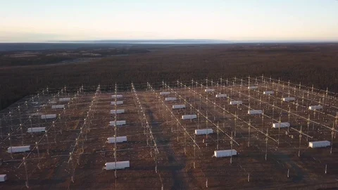 Controversial and mysterious Antenna array at HAARP facility Aerial View Stock Footage 118679619