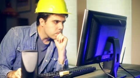 Contruction contractor writing write computer internet blue collar working ma Stock Footage 11237698
