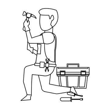 Contruction worker with tools avatar faceless in black and white Illustrazione stock