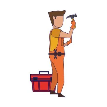 Contruction worker with tools avatar faceless blue lines Illustrazione stock