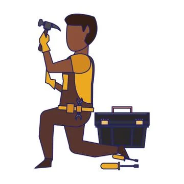 Contruction worker with tools avatar faceless blue lines Illustrazione stock