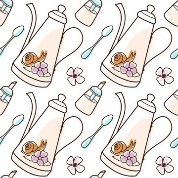Contur and spot vector seamless pattern on the cups and teapot Stock Illustration