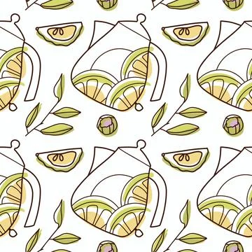 Contur and spot vector seamless pattern on the cups and teapot Stock Illustration