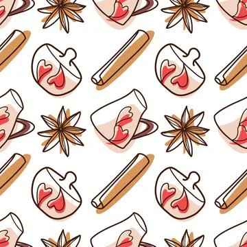 Contur and spot vector seamless pattern on the cups and teapot Stock Illustration