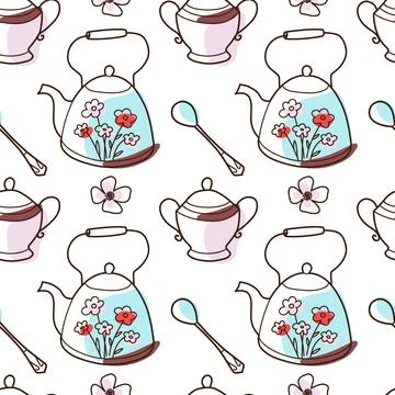 Contur and spot vector seamless pattern on the cups and teapot Stock Illustration