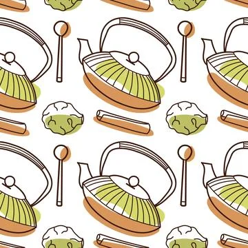 Contur and spot vector seamless pattern on the cups and teapot Stockillustratie