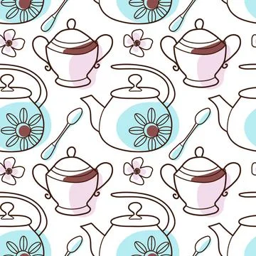 Contur and spot vector seamless pattern on the cups and teapot Stock Illustration