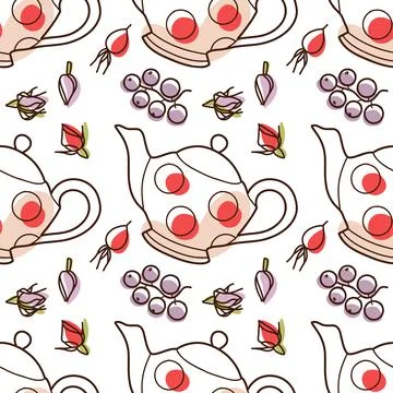 Contur and spot vector seamless pattern on the cups and teapot Stock Illustration