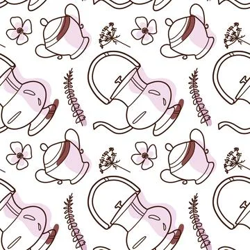 Contur and spot vector seamless pattern on the cups and teapot Stock Illustration
