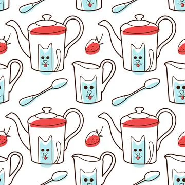 Contur and spot vector seamless pattern on the cups and teapot Stock Illustration