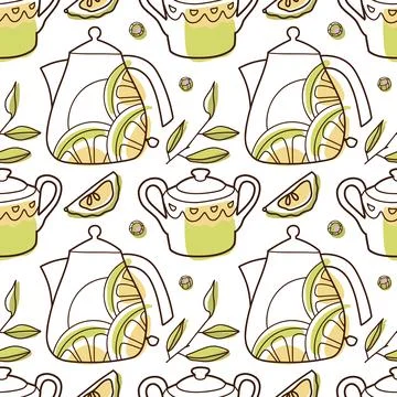 Contur and spot vector seamless pattern on the cups and teapot Stock Illustration