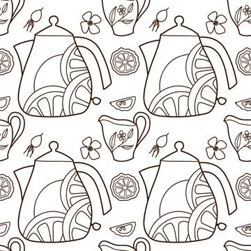 Contur vector seamless pattern on the cups and teapot f Stock Illustration