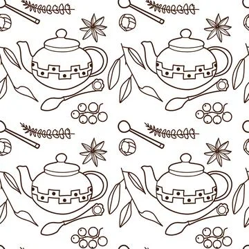 Contur vector seamless pattern on the cups and teapot f Stock Illustration