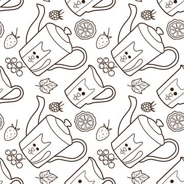 Contur vector seamless pattern on the cups and teapot f Stock Illustration