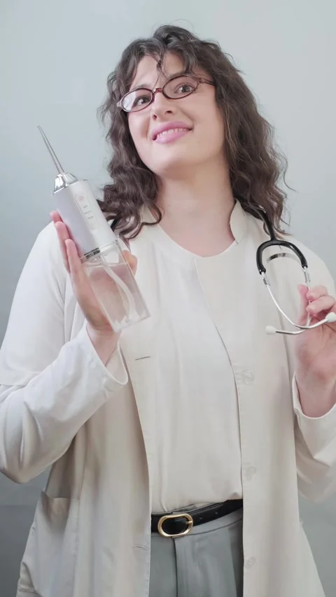 Convenience and effectiveness. Dentist demonstrates an irrigator that helps Stock Footage 307302550