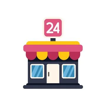 Convenience store facade with awning and 24 hours open signboard Ilustración de archivo