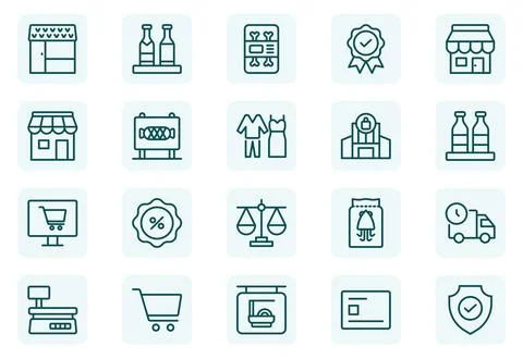 Convenience Store Outline Icon Set. Online payment, discount, buy, shopping.. Stock Illustration