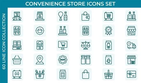 Convenience Store Outline Icon Set. Online payment, discount, buy, shopping.. Stock Illustration