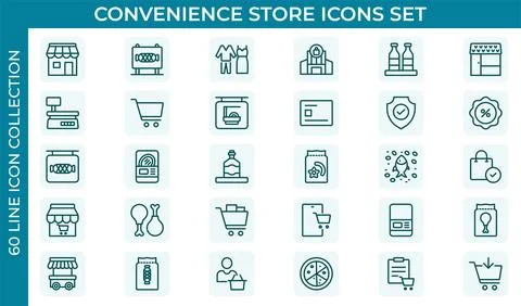 Convenience Store Outline Icon Set. Online payment, discount, buy, shopping.. Stock Illustration