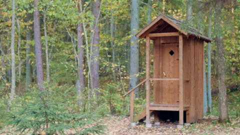 Conveniences in the forest to cope with natural needs. WC. Video stock 165387069