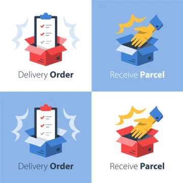 Convenient delivery, open box and hand, shipment check list, collect parcel Stock Illustration