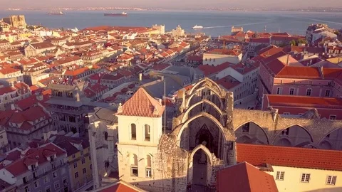 Convent of Carmo and Santa Justa Elevator in Lisbon, PortugalAerial 4K drone Stock Footage 84665470