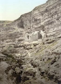 Convent of Elijah and Brook of Kerith, Wady-el-Keit, Holy Land, digitally Illustrazione stock