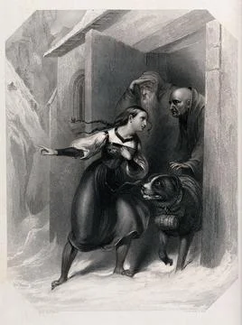 Convent of St Bernard, Switzerland: a distressed woman in Swiss peasant cos.. Stock Illustration