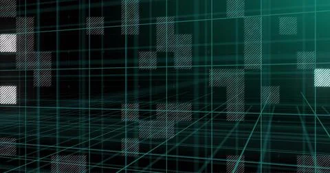Converging 3D wireframe grid stretching in data grid, with glowing teal lines 库存插图