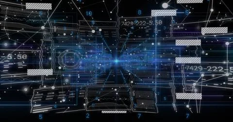 Converging blue core pulling clear data panels through virtual tunnel, showing Stock Photos