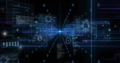 Converging bright vanishing point pulling hologram panels through cyber data Illustrazione stock