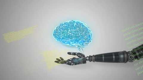 Converging code forming hologram brain above hand, robotic arm entering, Stock Footage 335652138