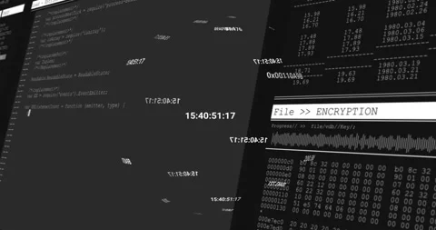 Converging codes splitting view showing encryption panel updating waveform hex Stock Footage 320068222