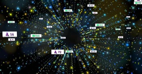 Converging data points and metric labels forming digital vortex in virtual Stock Photos