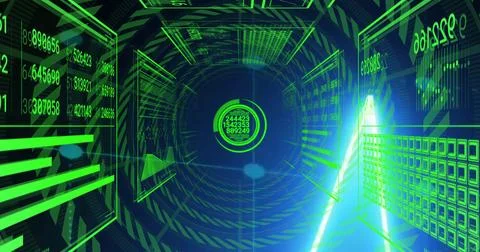Converging neon data panels forming wireframe tunnel in cyberspace, with Foto stock