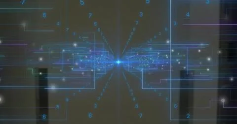 Converging neon data streams merging on glowing node in virtual hub, with sca Stock Photos