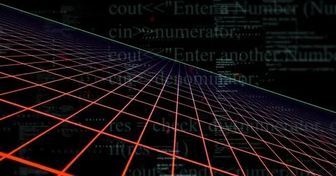 Converging neon grid plane receding into cyber void showing green horizon, va Stock Illustration