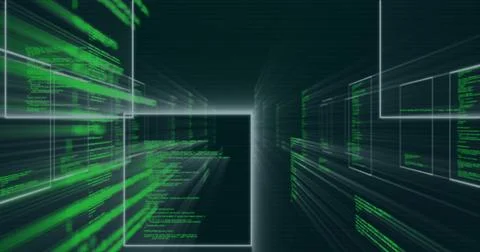 Converging rectangular code panels forming virtual data tunnel, with green text Stock Illustration