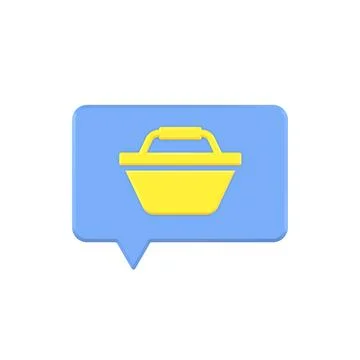 Conversation 3d bubble with basket vector icon. Blue online message with ye.. Illustrazione stock